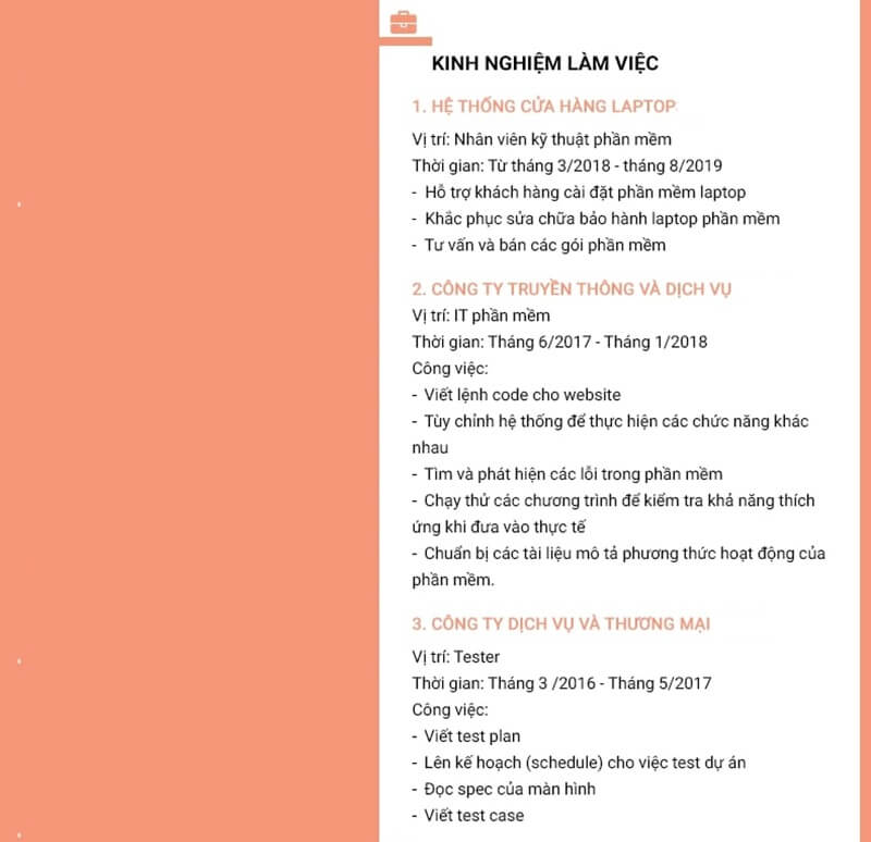Kinh nghiệm làm việc trong CV công nghệ cao