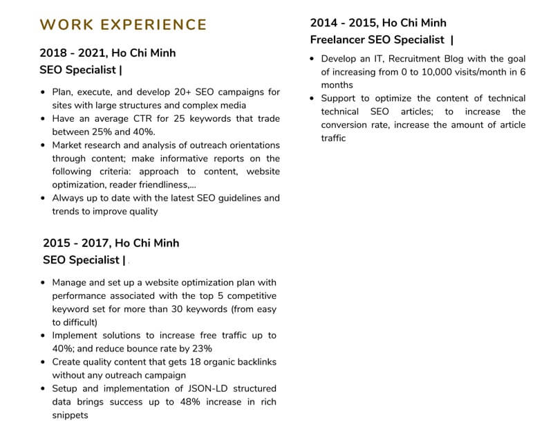 Phần kinh nghiệm làm việc trong CV SEO website