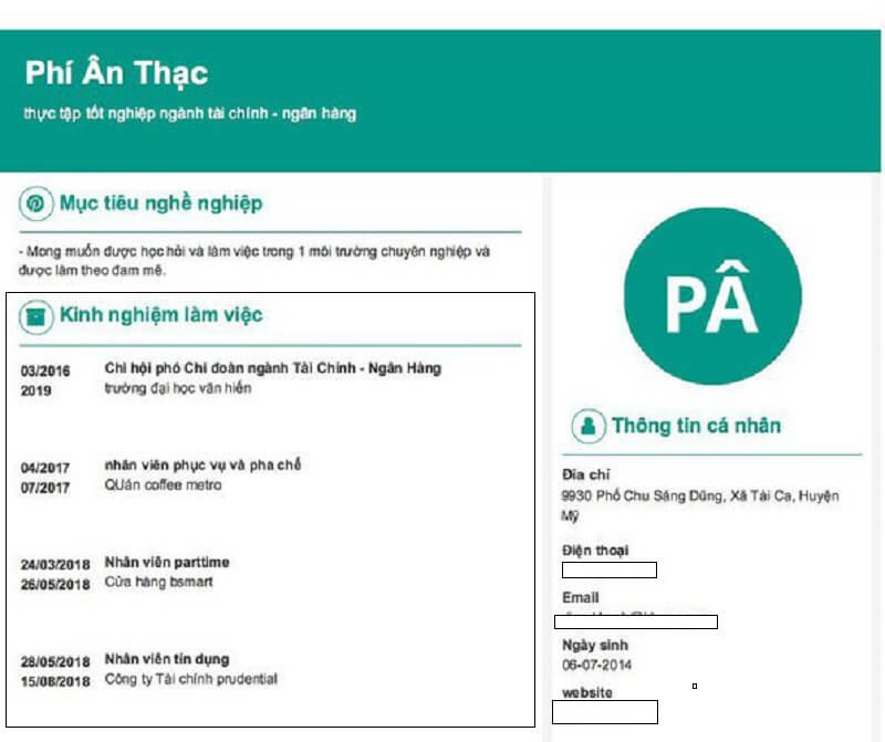 Phần Kinh nghiệm trong bố cục CV thực tập sinh ngân hàng