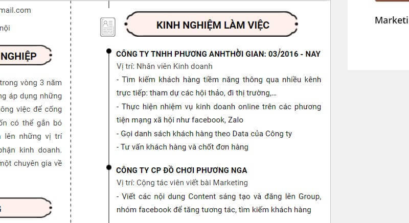 Kinh nghiệm trong CV marketing