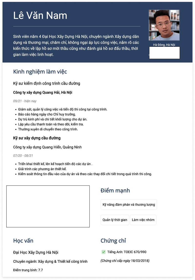 Phần kỹ năng trong bản CV xây dựng