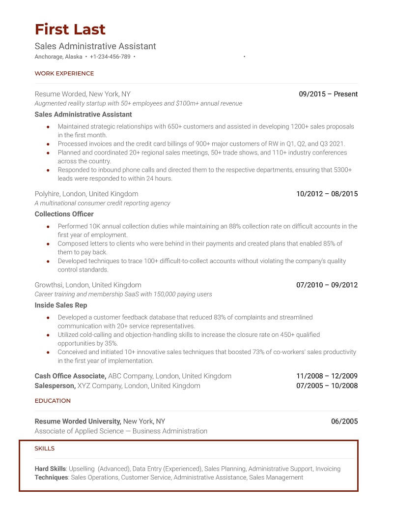 Phần kỹ năng trong CV Sales Admin