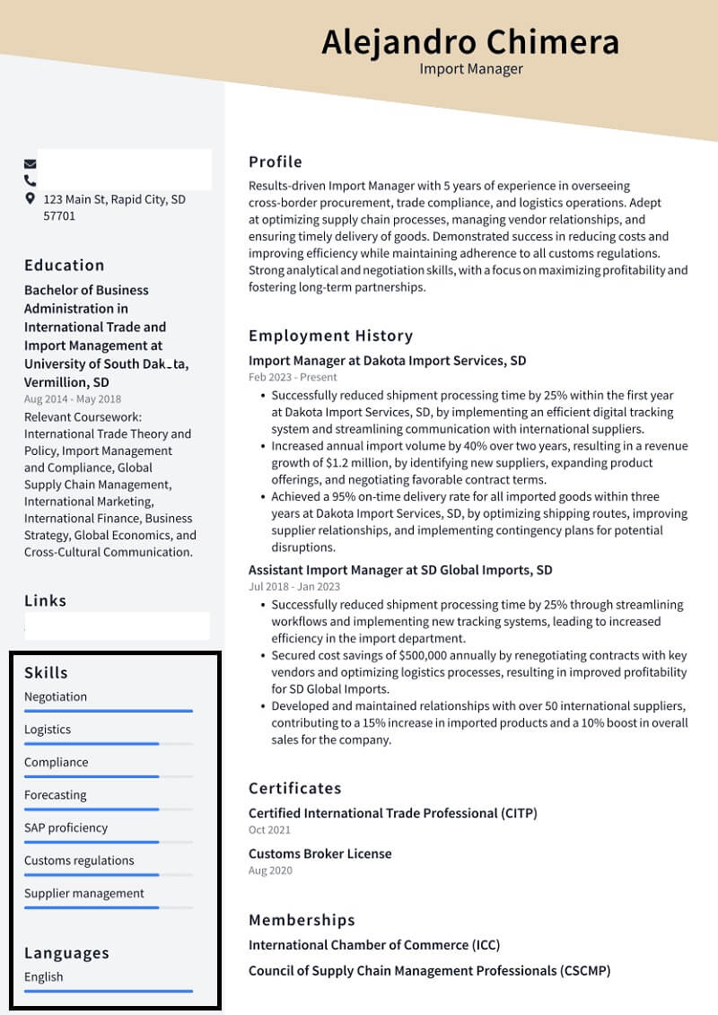 Phần kỹ năng trong mẫu CV xuất nhập khẩu bằng tiếng Anh