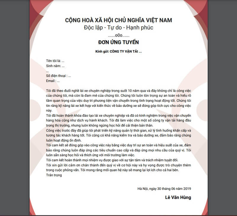 Một số lưu ý khi làm mẫu đơn xin việc lái xe