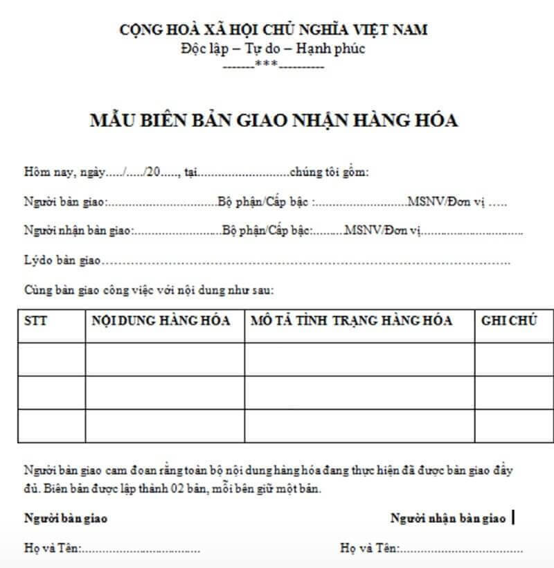 Biên bản bàn giao hàng hóa