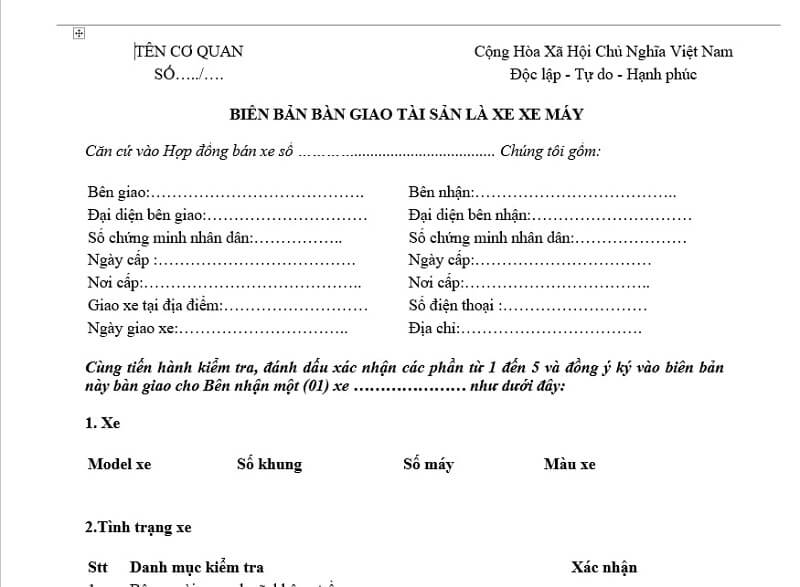  Mẫu biên bản bàn giao xe xe máy