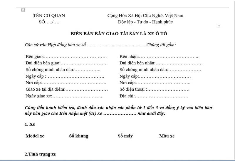 Mẫu biên bản bàn giao xe ô tô là gì?