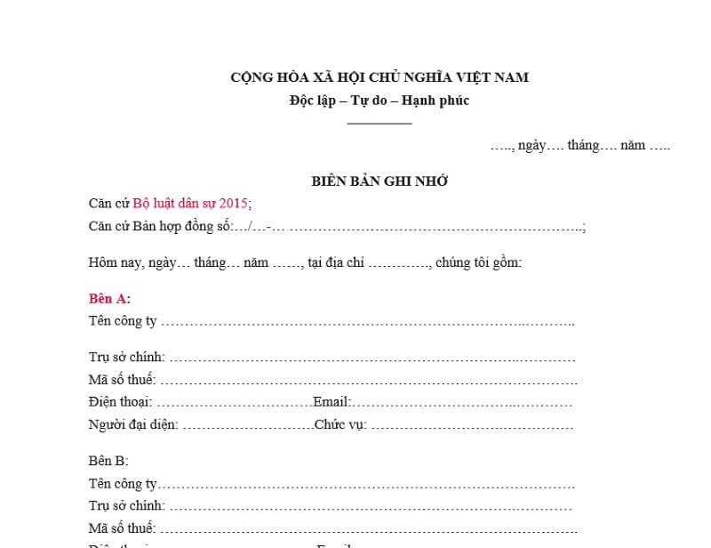 Mẫu biên bản ghi nhớ hợp tác