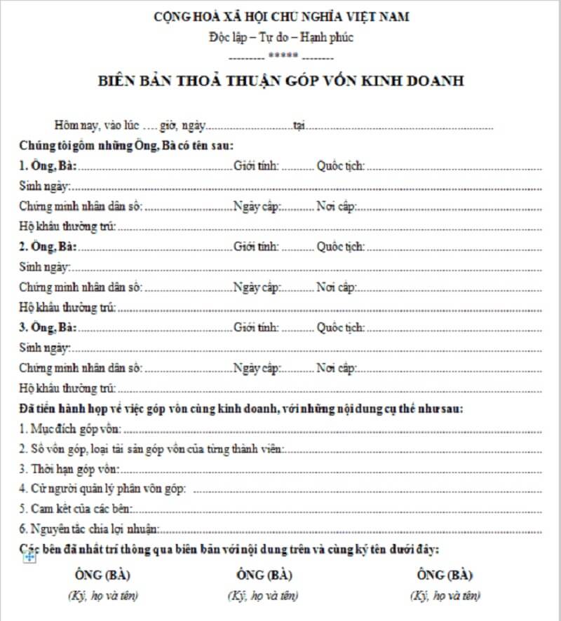Kết cấu và hướng dẫn nội dung biên bản góp vốn kinh doanh 