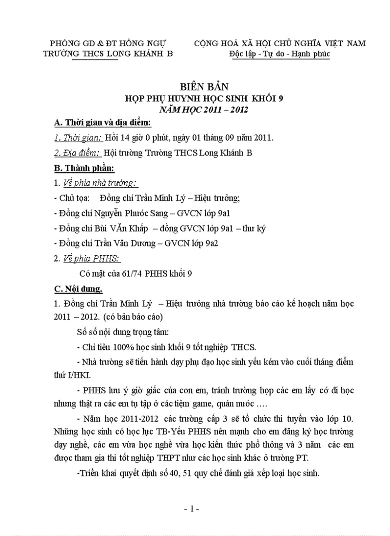 Cách trình trên mẫu biên bản họp phụ huynh đầu năm 