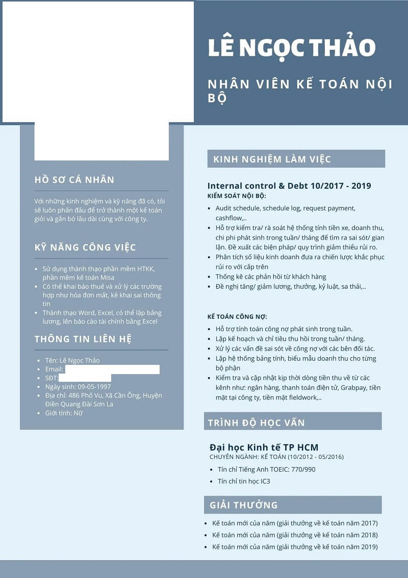 Mẫu CV xin việc kế toán nội bộ bằng tiếng Việt