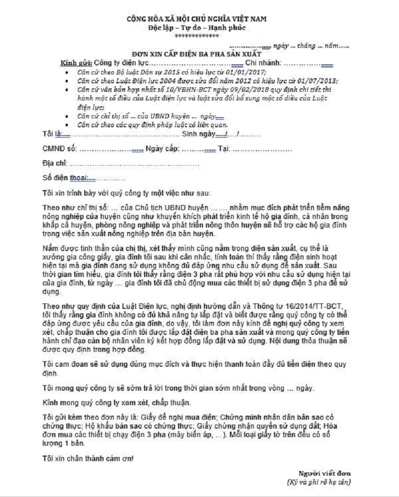 Đơn xin cấp điện 3 pha sản xuất