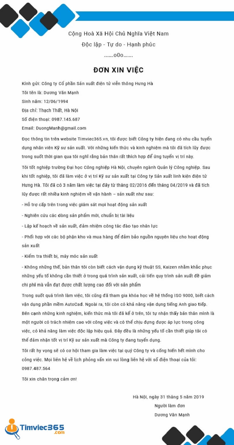 Phần mở đầu đơn xin việc khu chế xuất