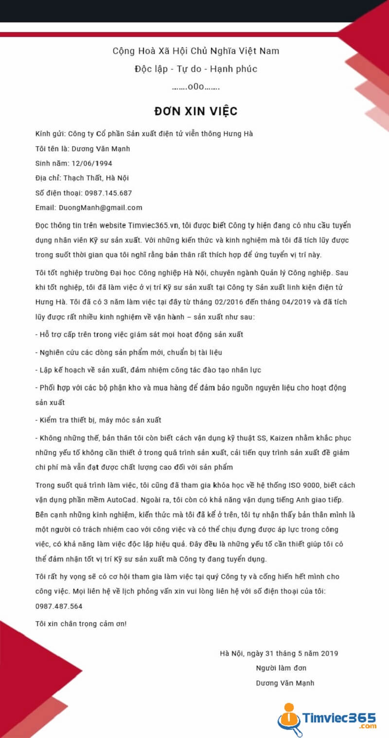 Phần nội dung mẫu đơn xin việc khu chế xuất