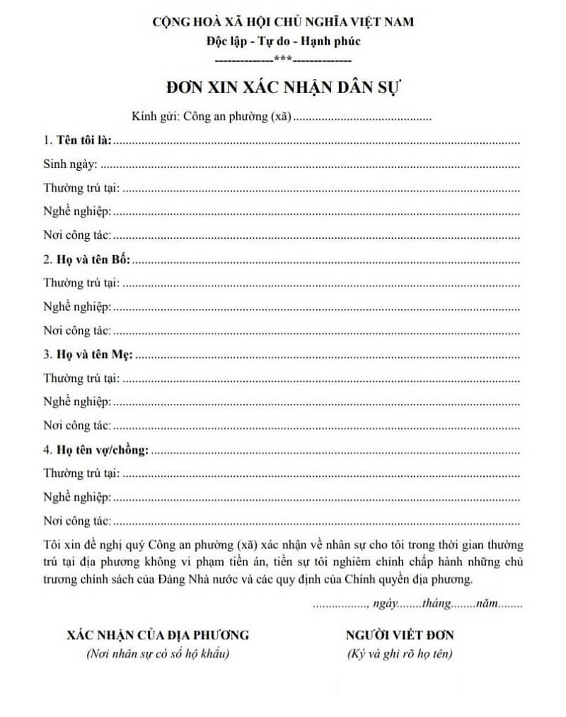 Mẫu giấy xác nhận dân sự cần thiết