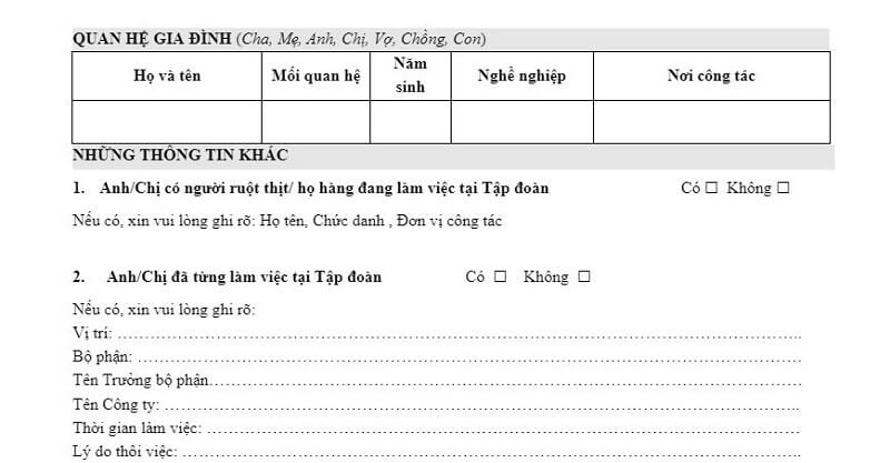 Phần quan hệ gia đình trong mẫu hồ sơ ứng tuyển Vinfast