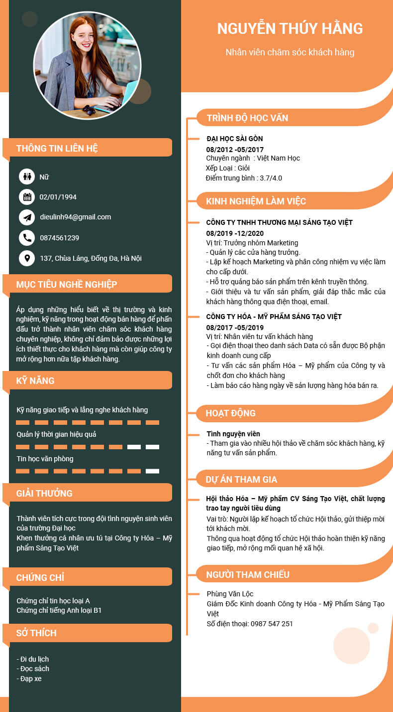 Mẫu CV kèm mục tiêu nghề nghiệp vị trí chăm sóc khách hàng