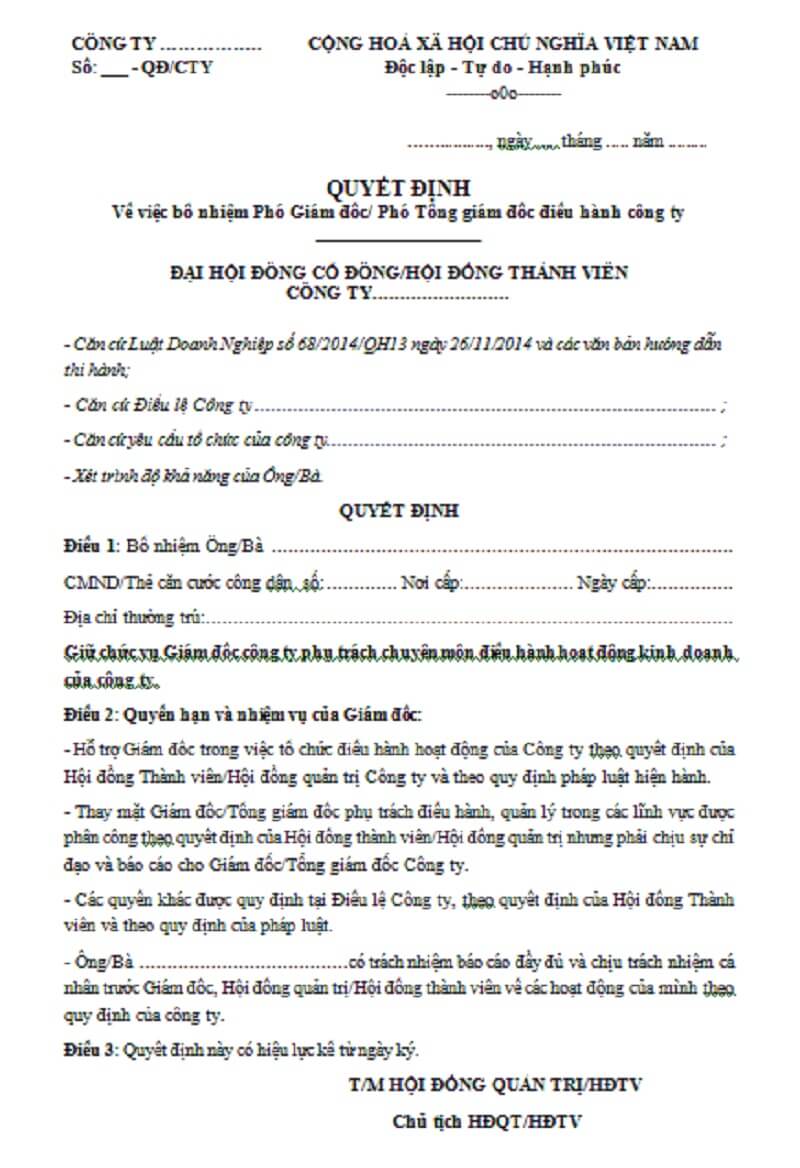 Kết cấu cơ bản của mẫu quyết định bổ nhiệm giám đốc 