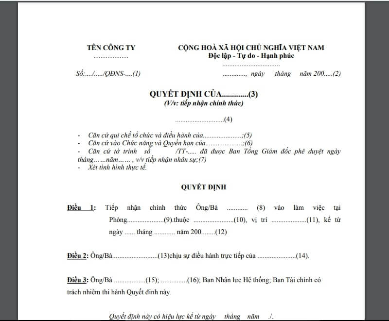 Nội dung cần có trong mẫu quyết định tuyển dụng