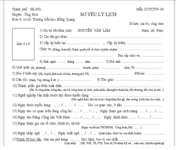 Mẫu sơ yếu lý lịch mẫu 2C