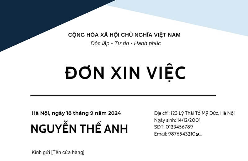 Phần đầu đơn xin việc quán trà sữa