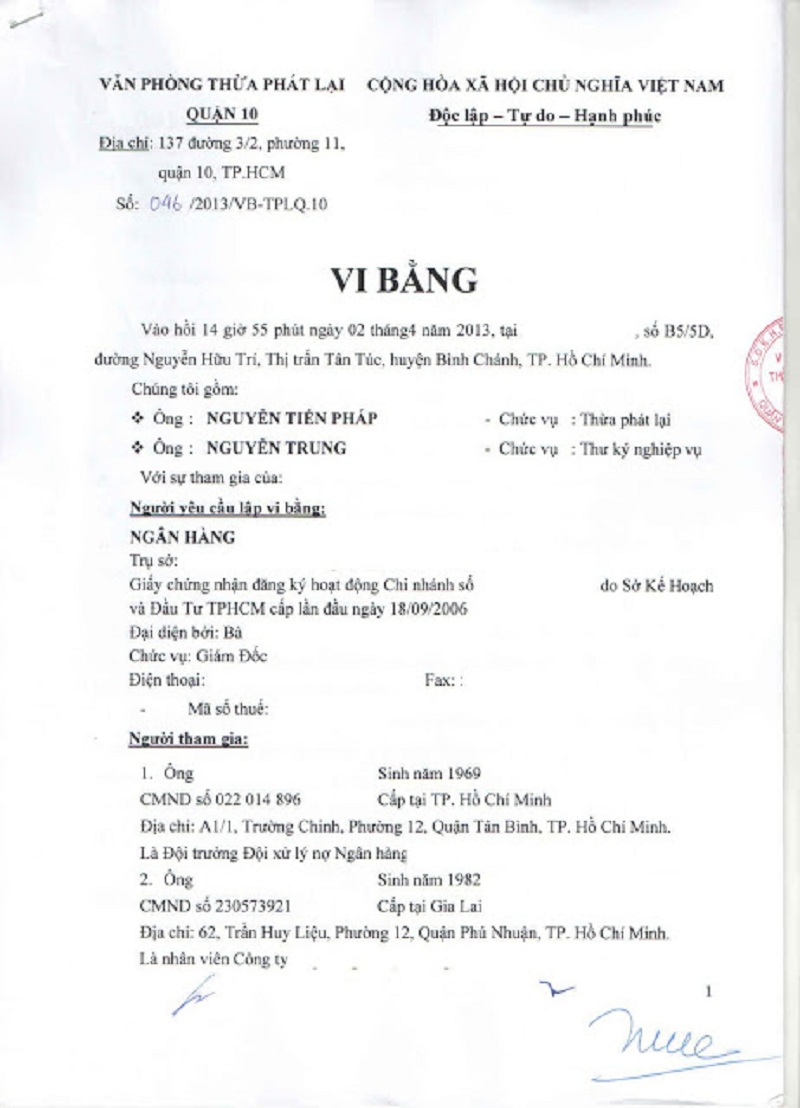 một bản công chứng vi bằng