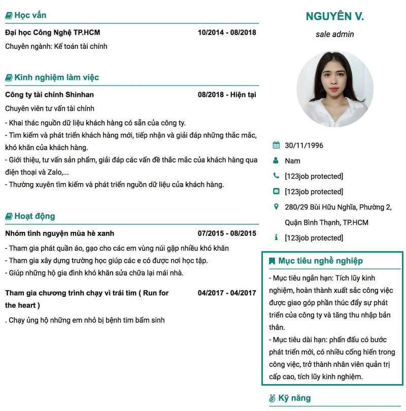 Phần mục tiêu nghề nghiệp trong CV Sales Admin