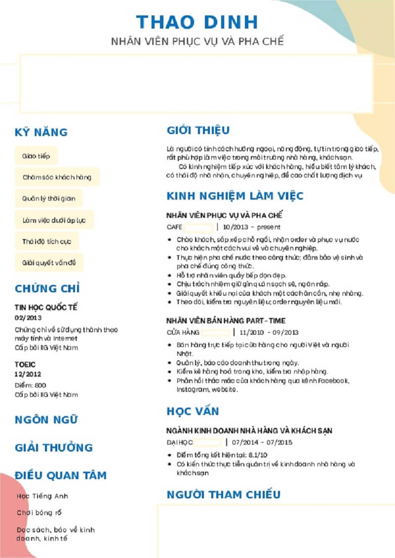 Mẫu CV xin việc phục vụ quán cafe