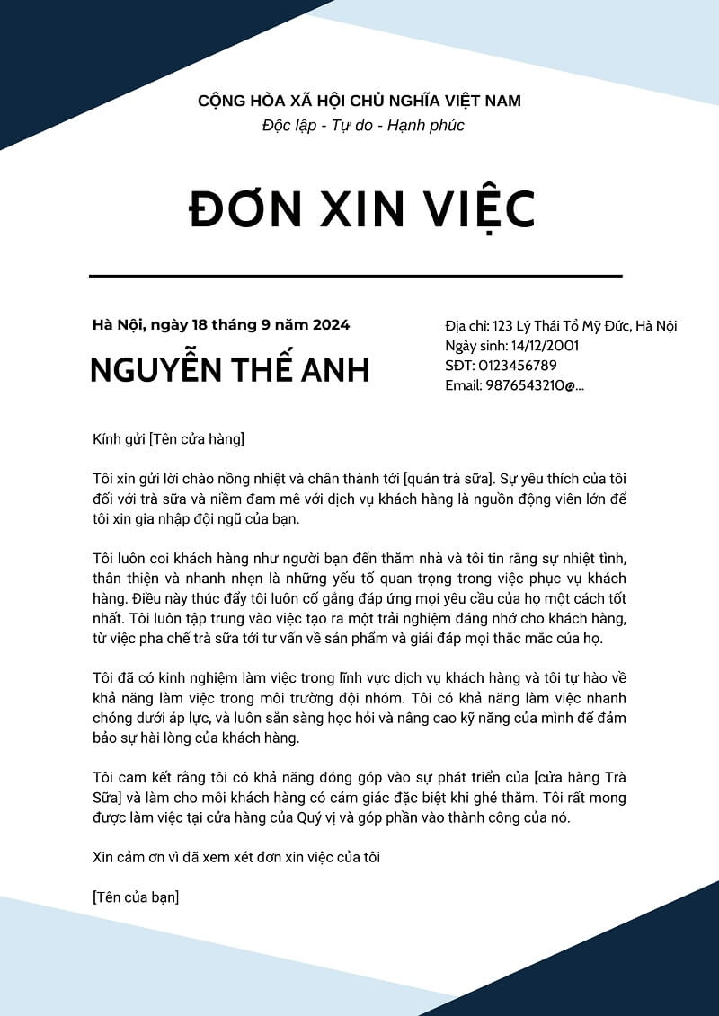 Mẫu đơn xin việc quán trà sữa thể hiện sự nhanh nhẹn