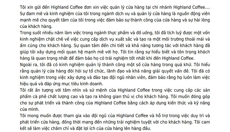 Viết phần nội dung đơn xin việc Highland Coffee