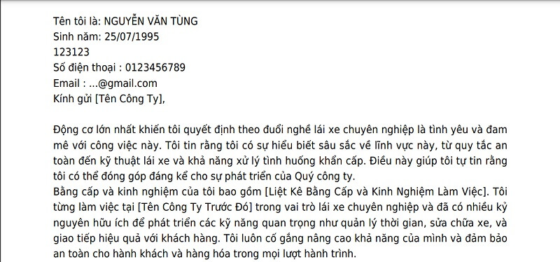 Phần nội dung của mẫu đơn xin việc lái xe