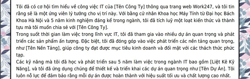 Phần nội dung chính của đơn xin việc IT