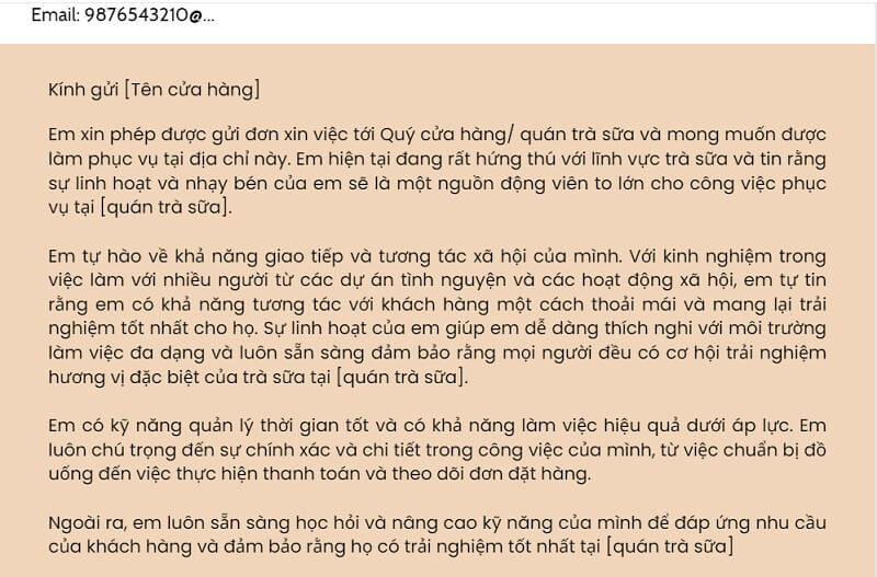 Phần nội dung đơn xin việc quán trà sữa