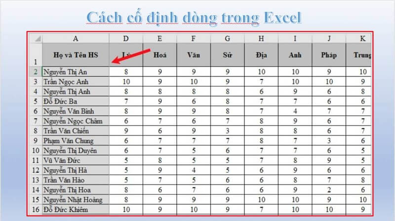 cách cố định dòng trong exel