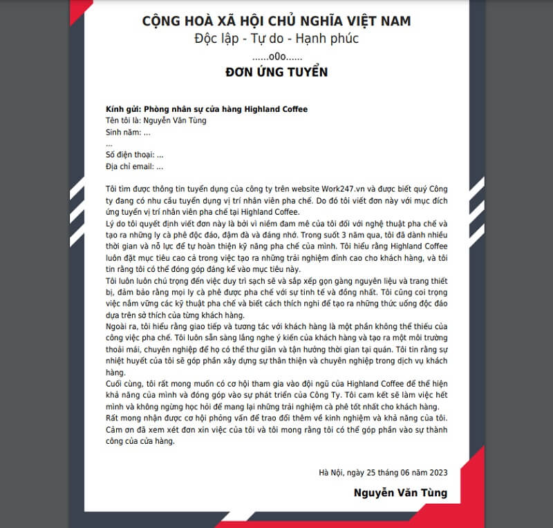 Đơn xin việc nhân viên pha chế tại Highland Coffee