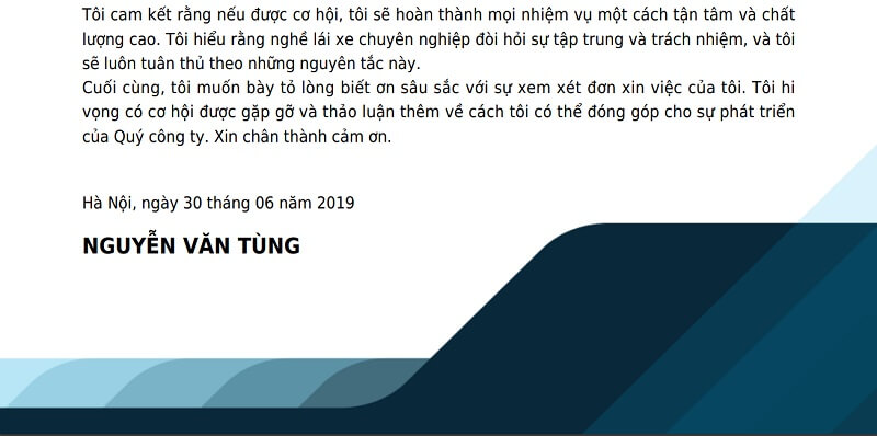 Phần kết của mẫu đơn xin việc lái xe
