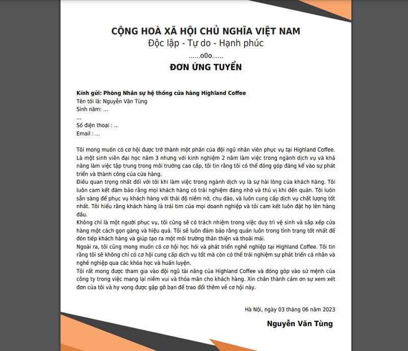 Đơn xin việc nhân viên phục vụ tại Highland Coffee