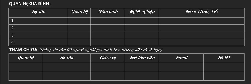 Phần quan hệ gia đình và người tham chiếu trong CV Sacombank