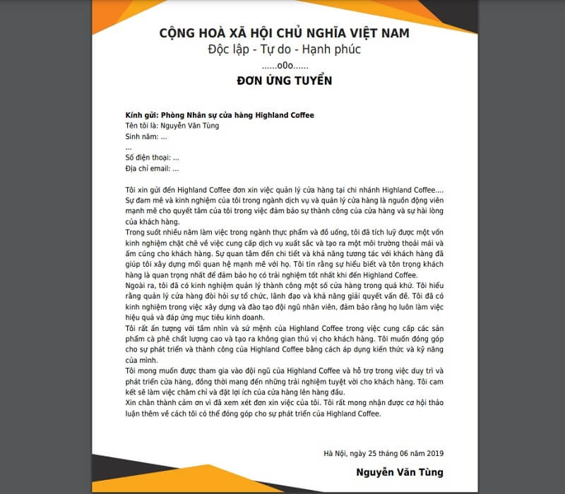 Đơn xin việc quản lý cửa hàng tại Highland Coffee