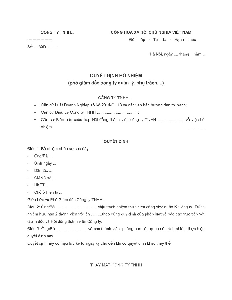 Quyết định bổ nhiệm phó giám đốc