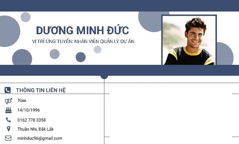 Phần thông tin cá nhân trong bản CV xin việc Hoạch định dự án