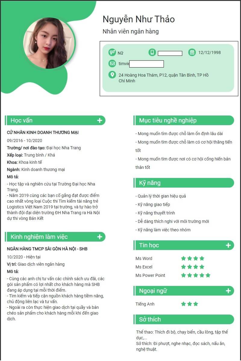 Phần thông tin cá nhân của ứng viên trong mẫu CV ngân hàng VIB
