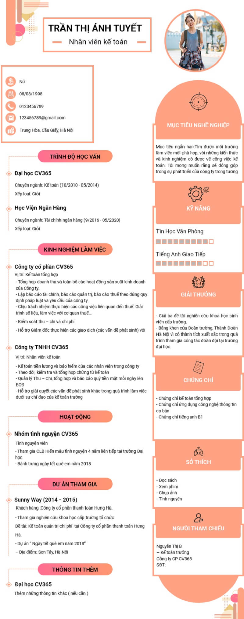 Thông tin cá nhân trong CV Kế toán nội bộ