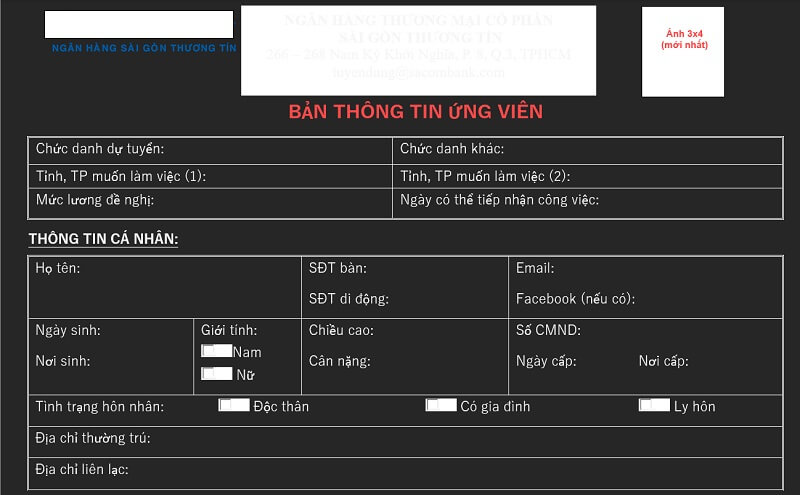 Phần thông tin cá nhân trong CV Sacombank
