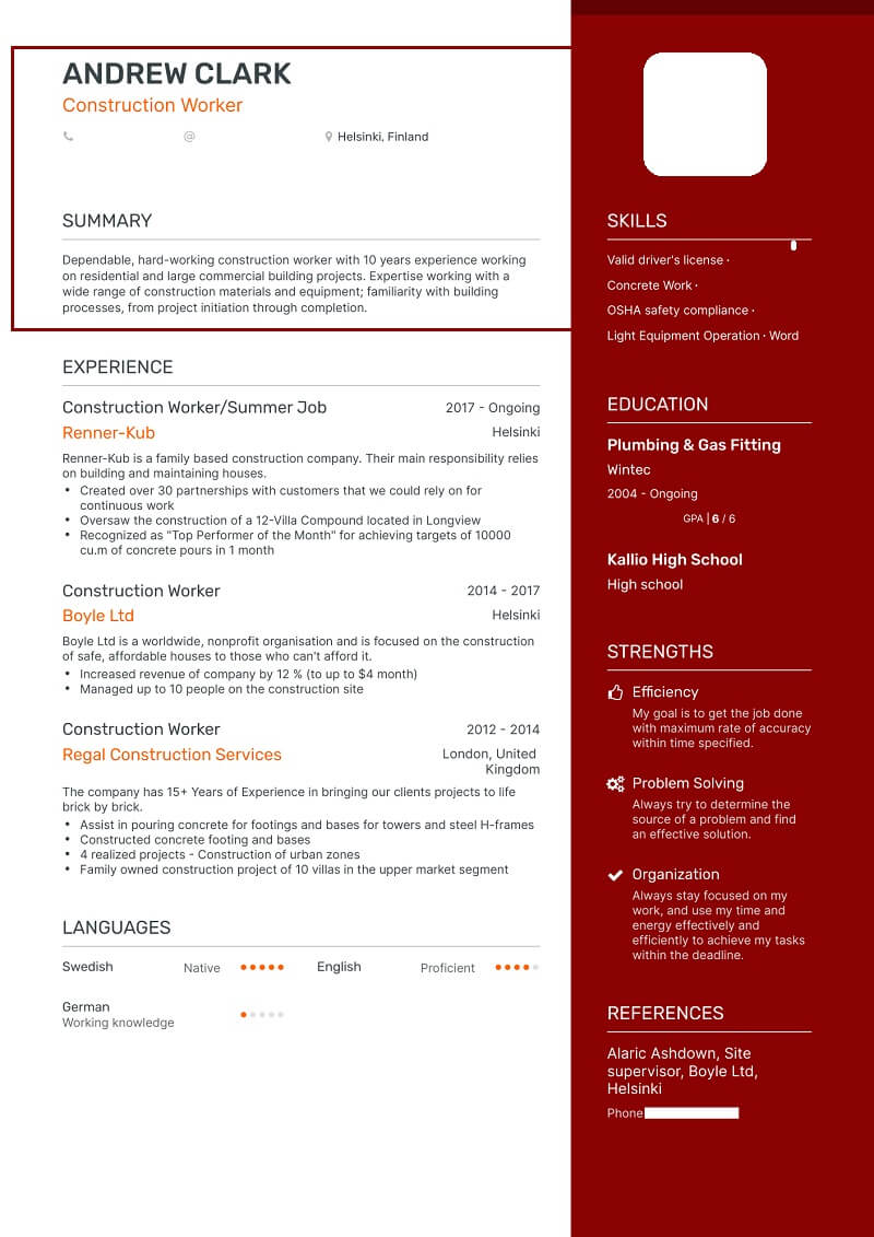 Phần thông tin cá nhân trong bản CV xây dựng