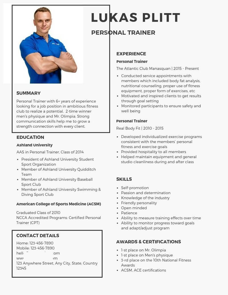 Nội dung thông tin cá nhân trong mẫu CV PT Gym