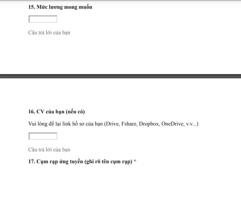 Các phần còn lại trong đơn xin việc CGV