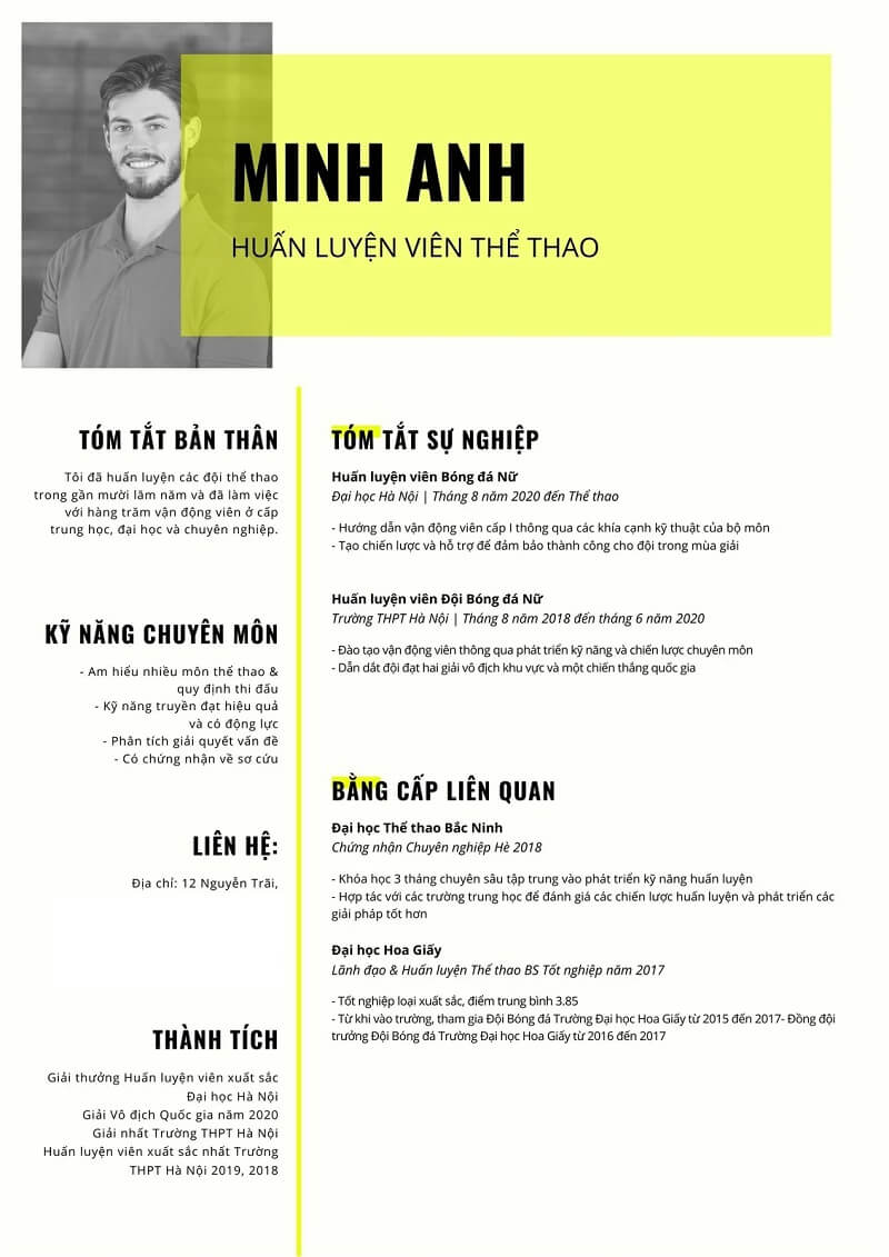 Mẫu CV xin việc huấn luyện viên thể hình phong cách tối giản