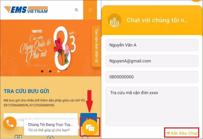 Tra cứu vận đơn thông qua Livechat của Website