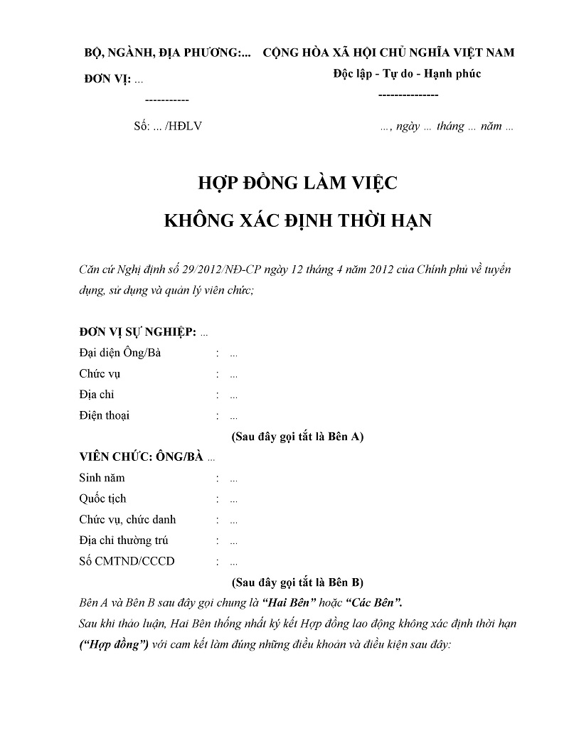 Trong hợp đồng không xác định thời hạn cần có những nội dung gì?